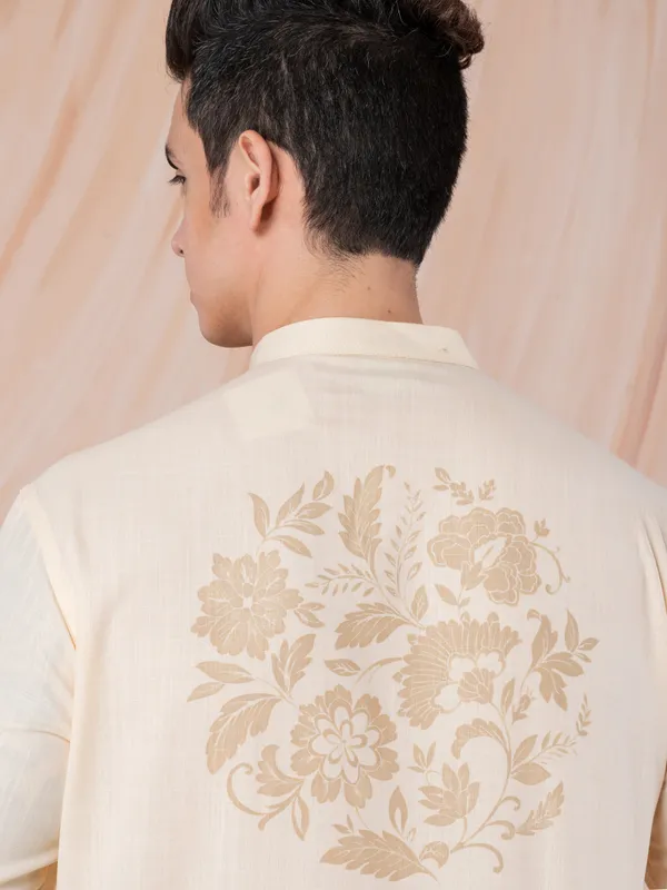 Beige_Side_Placket_Printed_Kurta_With_Pyjama_Set_For_Men