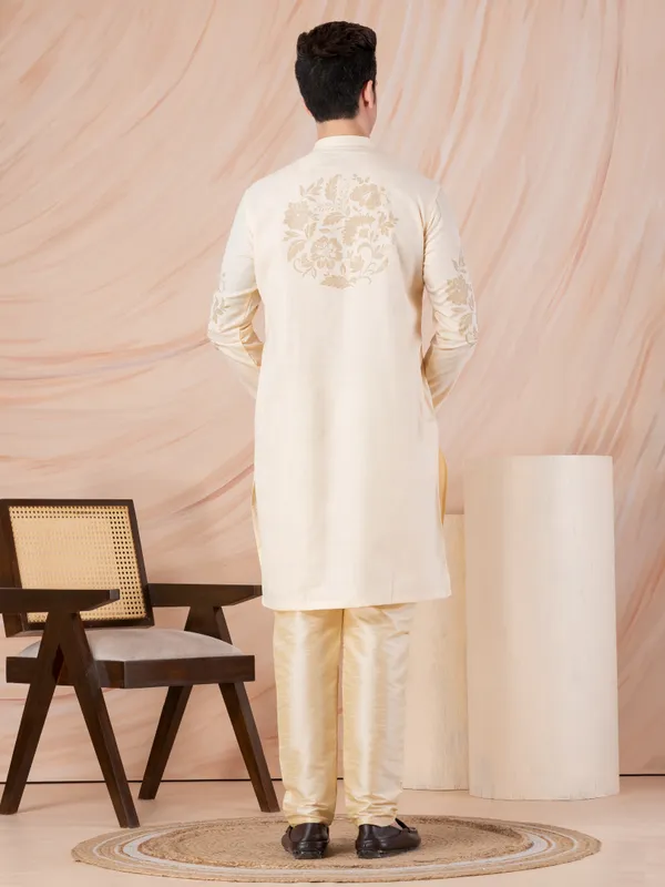 Beige_Side_Placket_Printed_Kurta_With_Pyjama_Set_For_Men