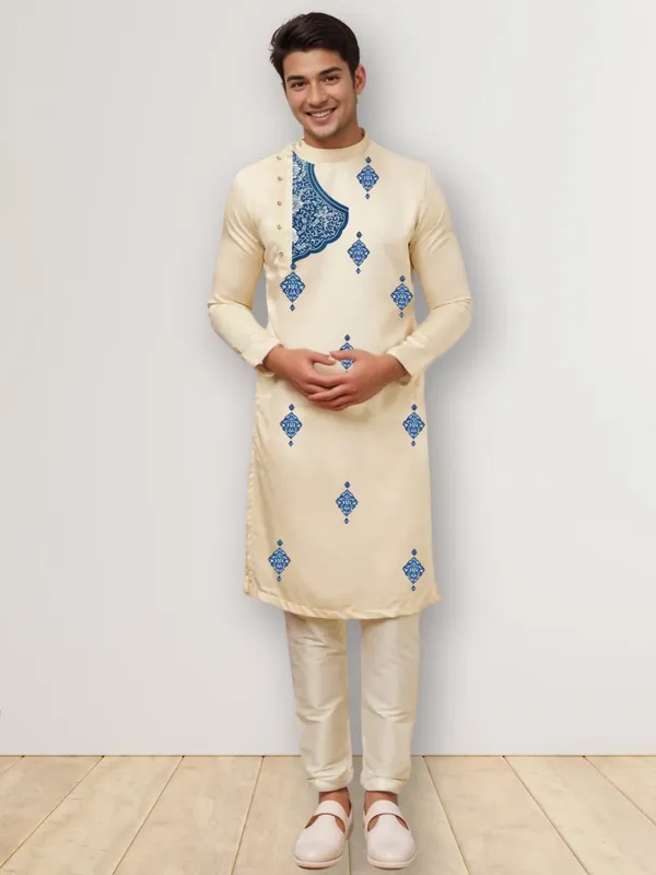 Beige_Side_Placket_Printed_Kurta_With_Pyjama_Set_For_Men