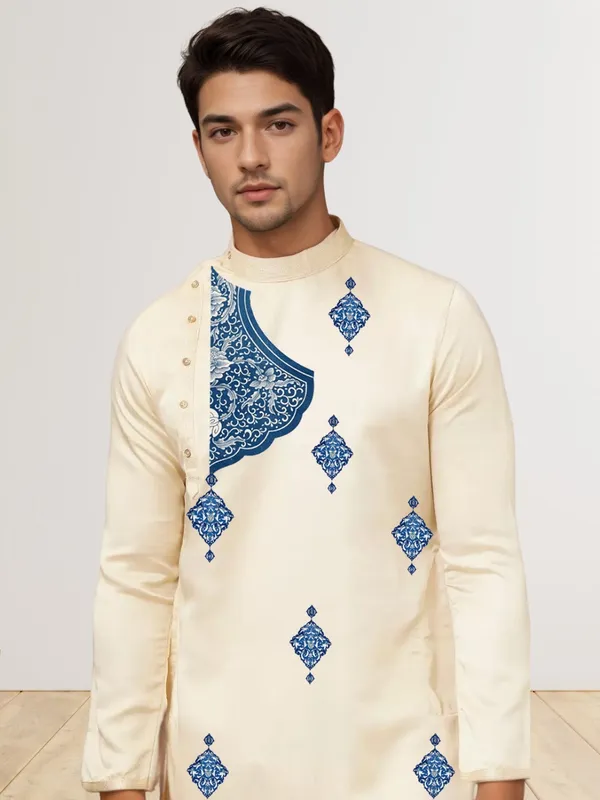 Beige_Side_Placket_Printed_Kurta_With_Pyjama_Set_For_Men