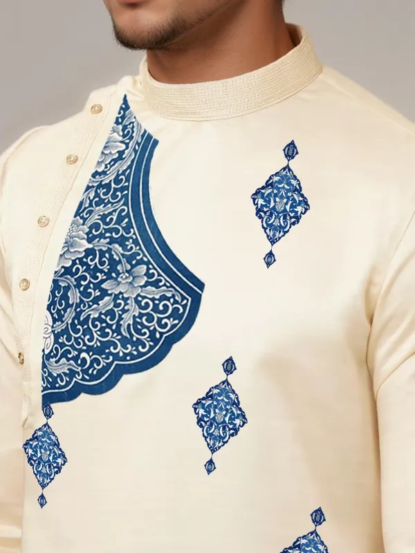 Beige_Side_Placket_Printed_Kurta_With_Pyjama_Set_For_Men