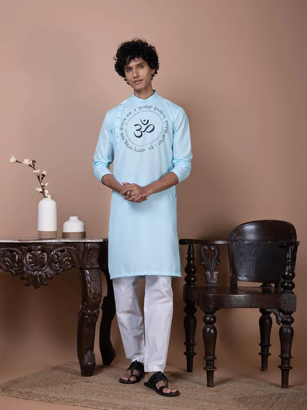 Sky_Blue_Side_Placket_Printed_Kurta_With_Pyjama_Set_For_Men