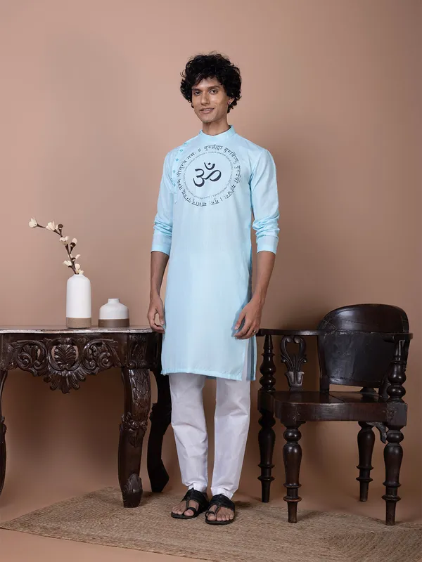 Sky_Blue_Side_Placket_Printed_Kurta_With_Pyjama_Set_For_Men
