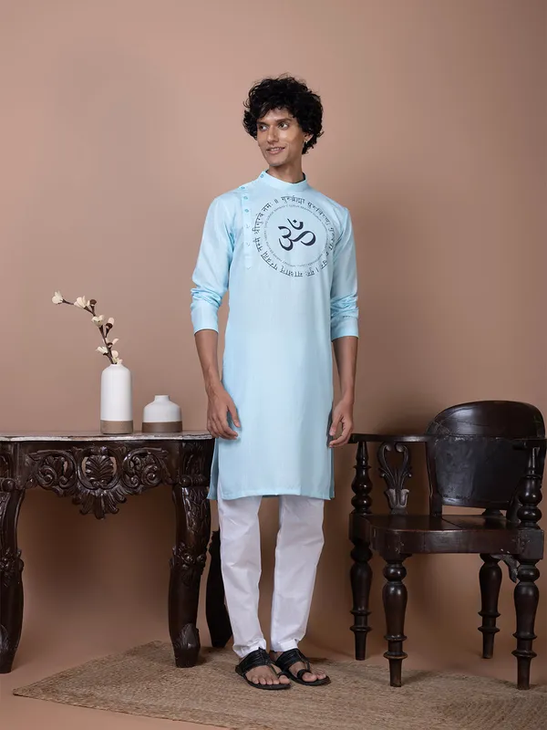 Sky_Blue_Side_Placket_Printed_Kurta_With_Pyjama_Set_For_Men