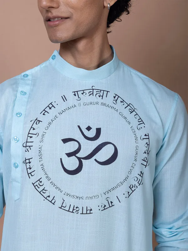 Sky_Blue_Side_Placket_Printed_Kurta_With_Pyjama_Set_For_Men