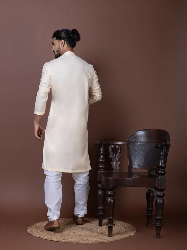 Beige_Side_Placket_Printed_Kurta_With_Pyjama_Set_For_Men