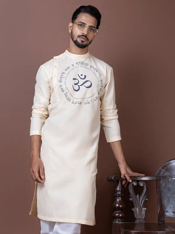 Beige_Side_Placket_Printed_Kurta_With_Pyjama_Set_For_Men
