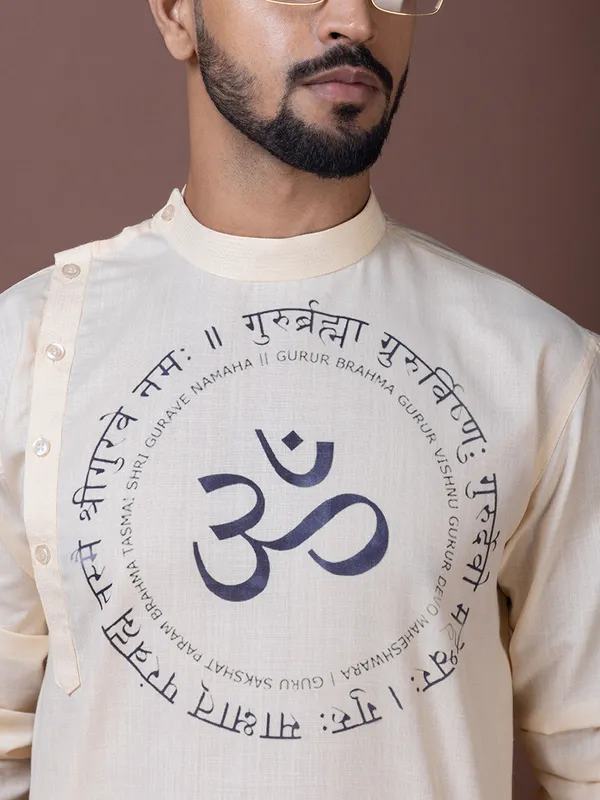 Beige_Side_Placket_Printed_Kurta_With_Pyjama_Set_For_Men
