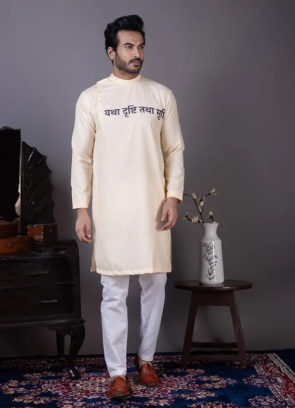 Beige_Side_Placket_Printed_Kurta_With_Pyjama_Set_For_Men