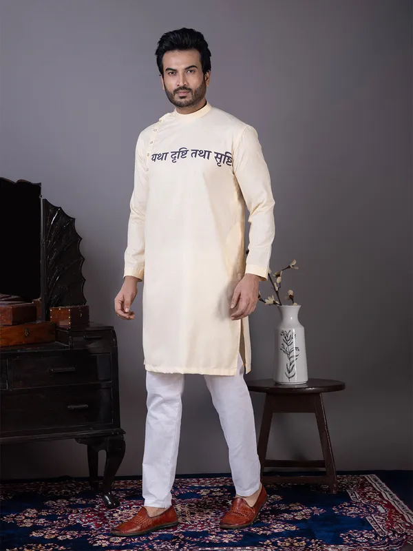 Beige_Side_Placket_Printed_Kurta_With_Pyjama_Set_For_Men