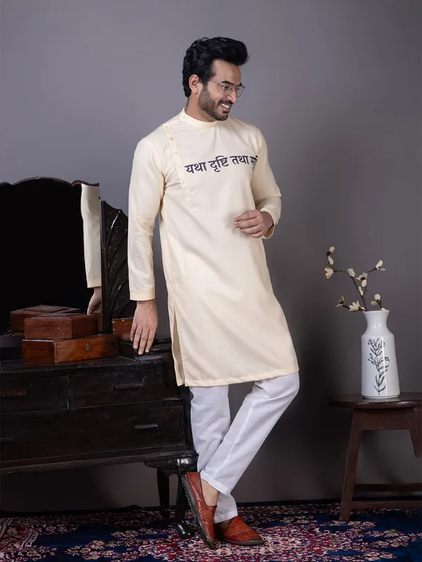 Beige_Side_Placket_Printed_Kurta_With_Pyjama_Set_For_Men