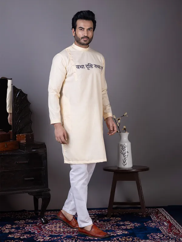 Beige_Side_Placket_Printed_Kurta_With_Pyjama_Set_For_Men