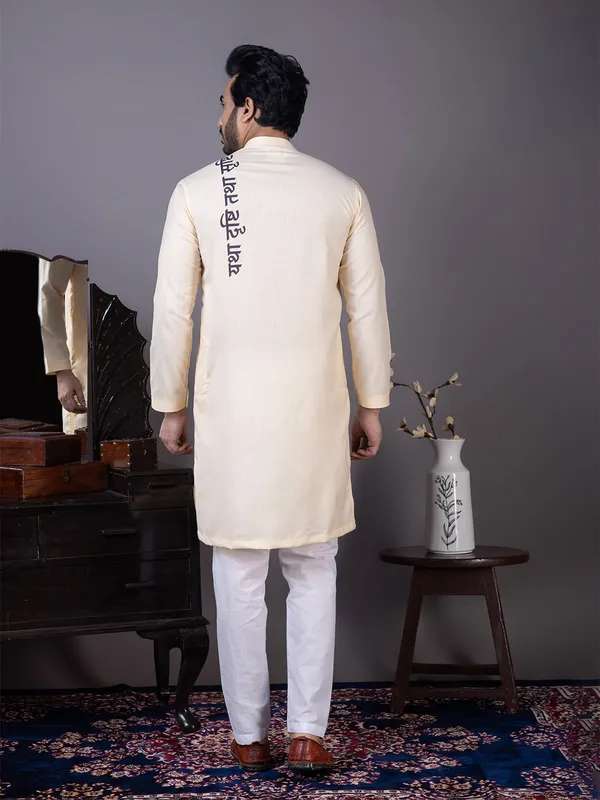Beige_Side_Placket_Printed_Kurta_With_Pyjama_Set_For_Men