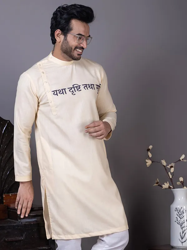 Beige_Side_Placket_Printed_Kurta_With_Pyjama_Set_For_Men