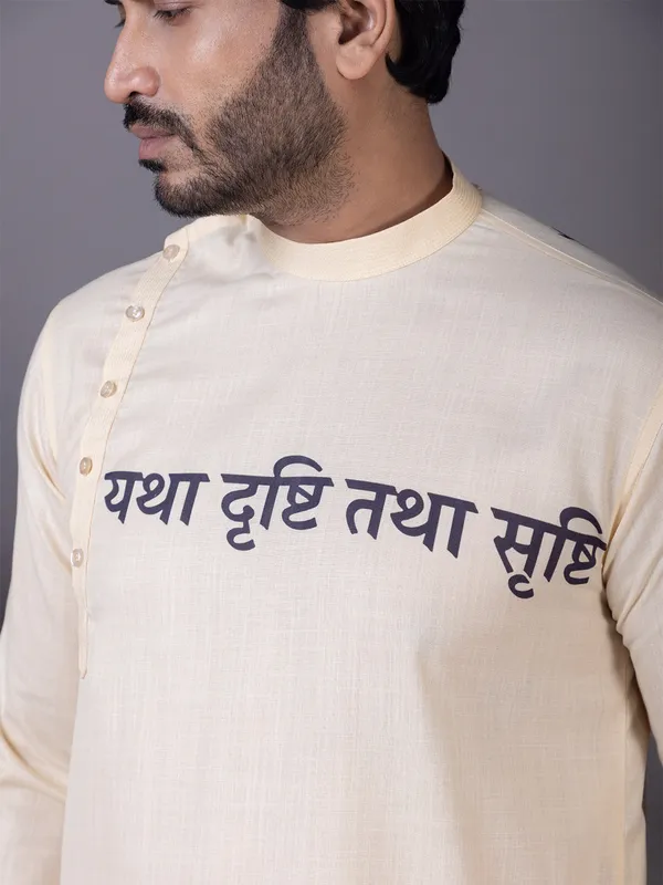 Beige_Side_Placket_Printed_Kurta_With_Pyjama_Set_For_Men