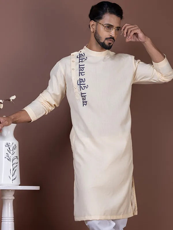 Beige_Side_Placket_Printed_Kurta_With_Pyjama_Set_For_Men