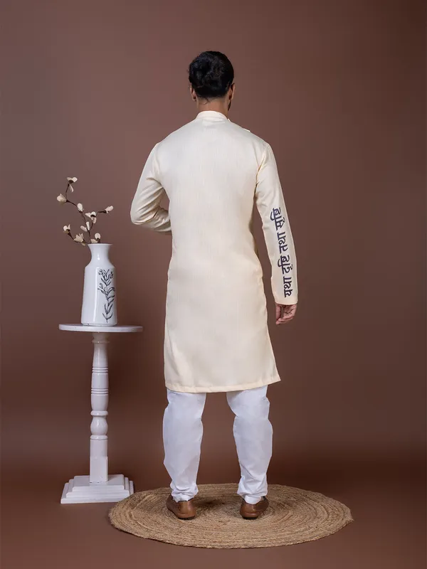 Beige_Side_Placket_Printed_Kurta_With_Pyjama_Set_For_Men