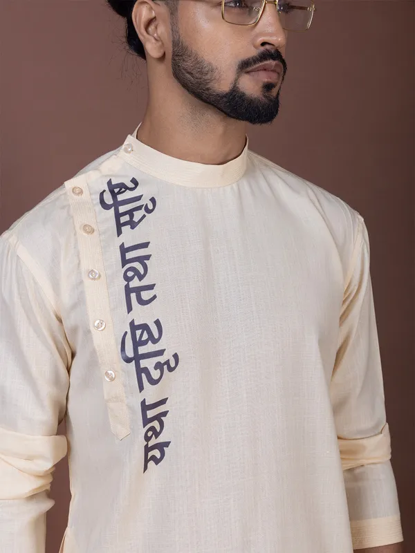Beige_Side_Placket_Printed_Kurta_With_Pyjama_Set_For_Men