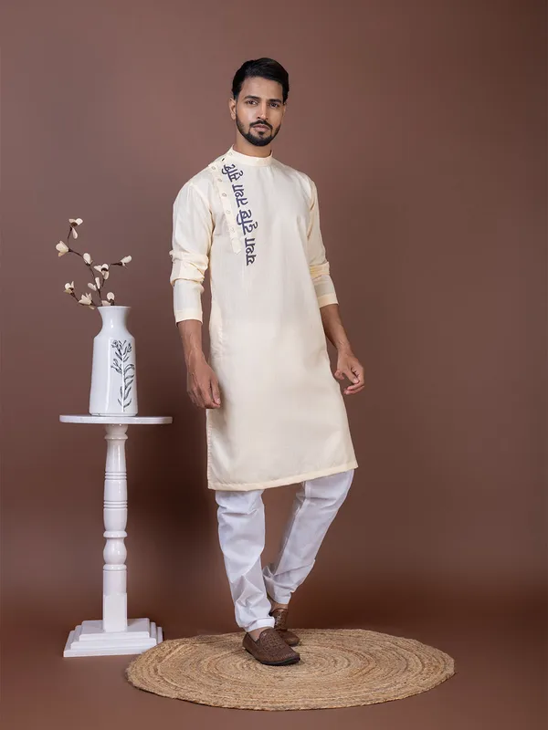 Beige_Side_Placket_Printed_Kurta_With_Pyjama_Set_For_Men