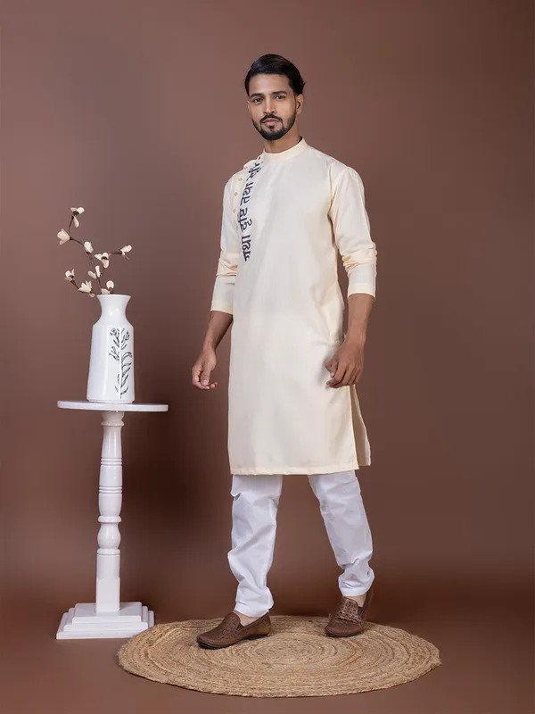Beige_Side_Placket_Printed_Kurta_With_Pyjama_Set_For_Men