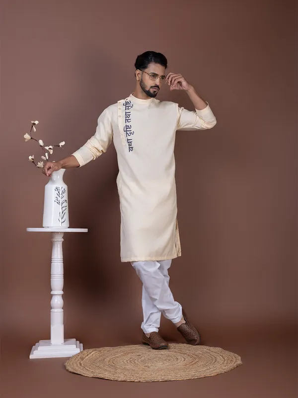 Beige_Side_Placket_Printed_Kurta_With_Pyjama_Set_For_Men