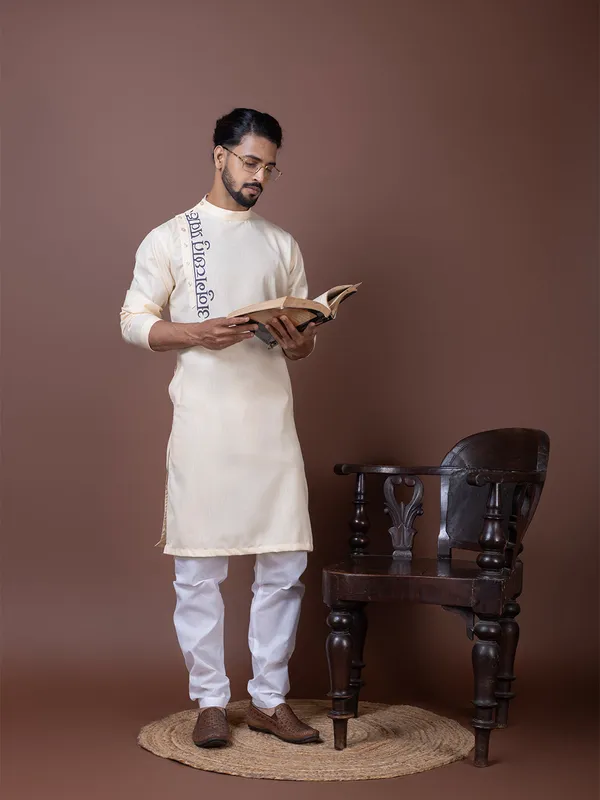 Beige_Side_Placket_Printed_Kurta_With_Pyjama_Set_For_Men