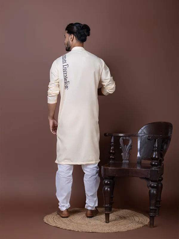Beige_Side_Placket_Printed_Kurta_With_Pyjama_Set_For_Men