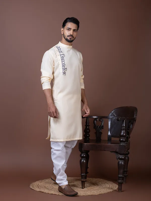 Beige_Side_Placket_Printed_Kurta_With_Pyjama_Set_For_Men