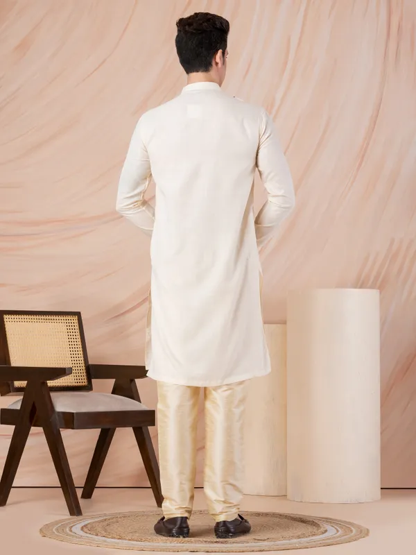Beige_Side_Placket_Printed_Kurta_With_Pyjama_Set_For_Men