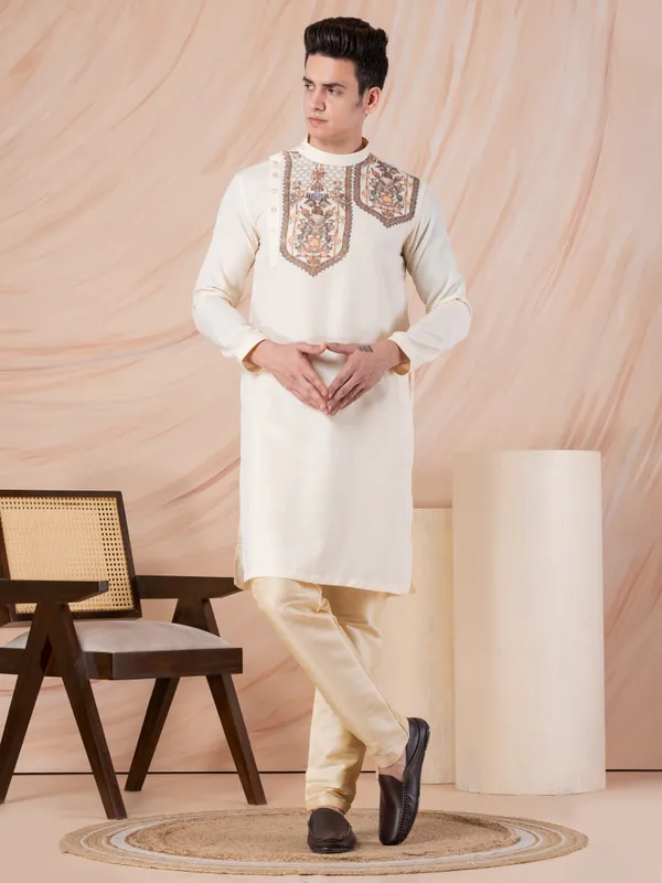 Beige_Side_Placket_Printed_Kurta_With_Pyjama_Set_For_Men