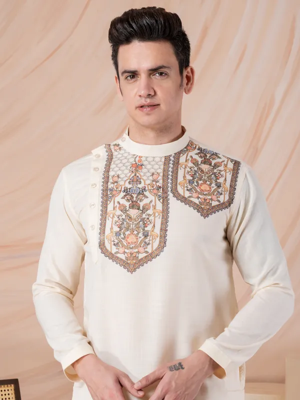 Beige_Side_Placket_Printed_Kurta_With_Pyjama_Set_For_Men