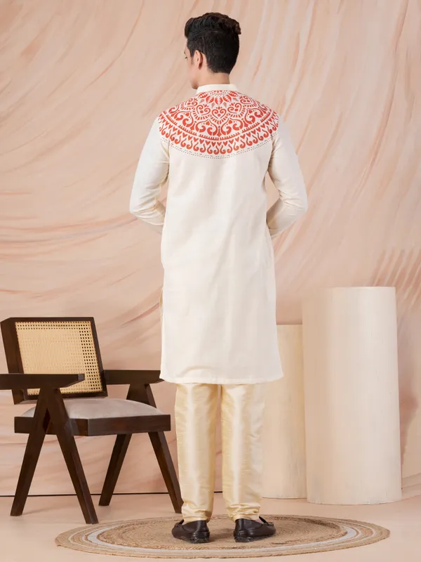 Beige_Side_Placket_Printed_Kurta_With_Pyjama_Set_For_Men