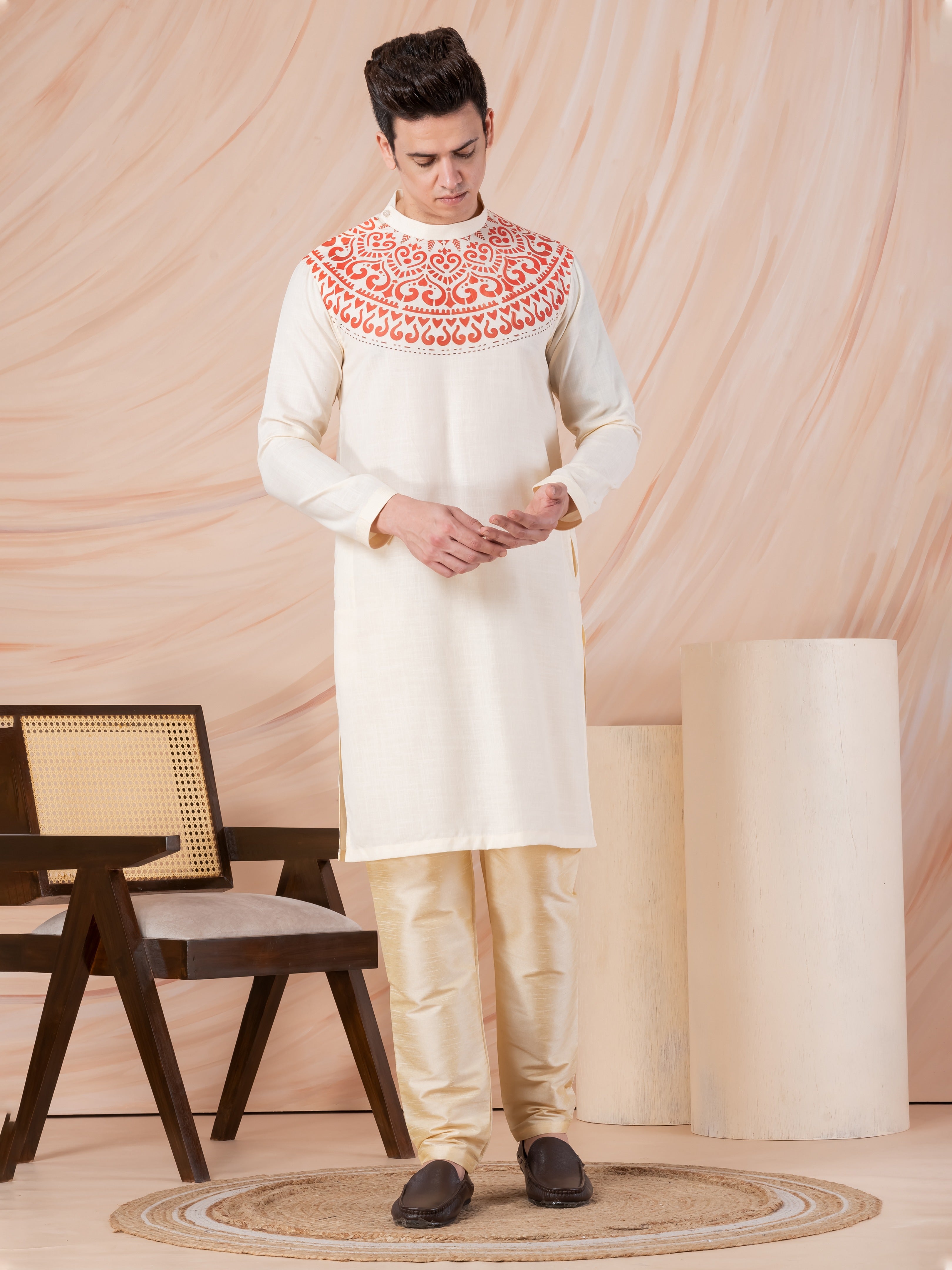 Beige_Side_Placket_Printed_Kurta_With_Pyjama_Set_For_Men
