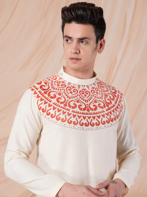 Beige_Side_Placket_Printed_Kurta_With_Pyjama_Set_For_Men