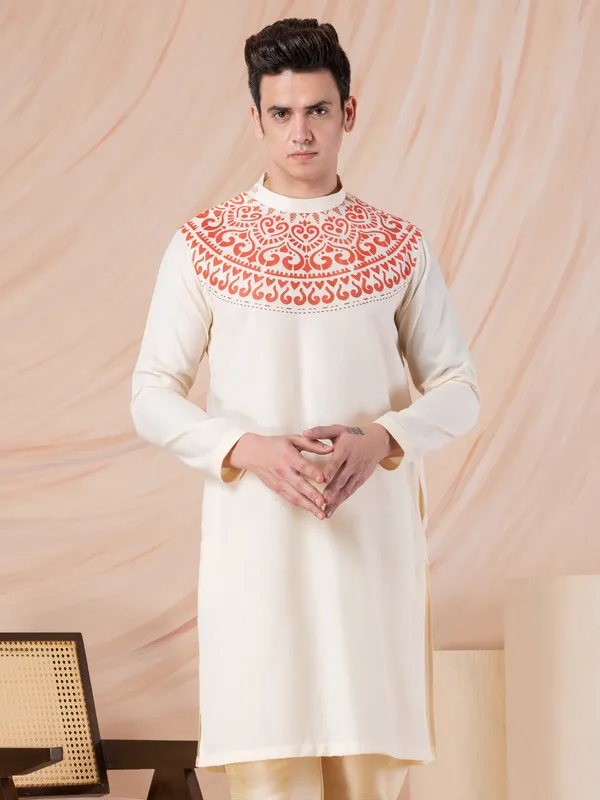 Beige_Side_Placket_Printed_Kurta_With_Pyjama_Set_For_Men