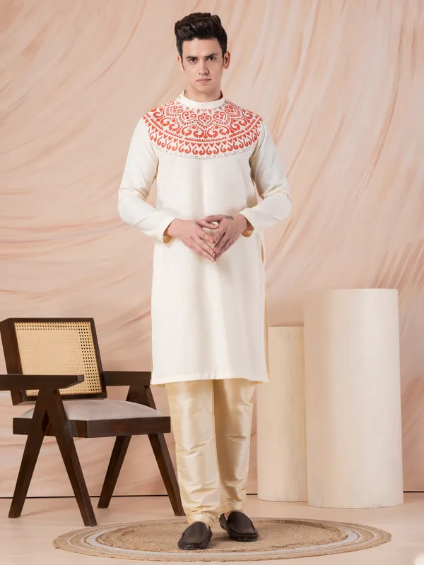 Beige_Side_Placket_Printed_Kurta_With_Pyjama_Set_For_Men