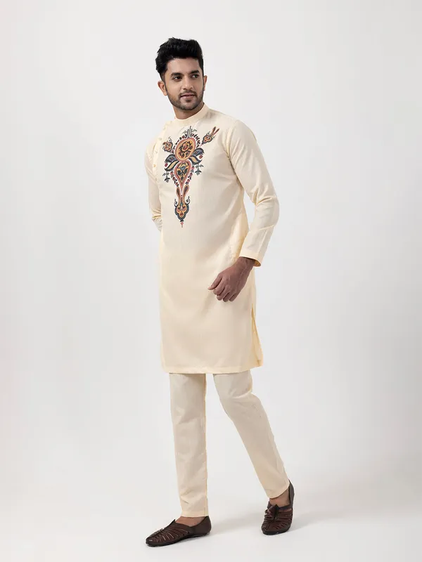 Beige_Side_Placket_Printed_Kurta_With_Pyjama_Set_For_Men