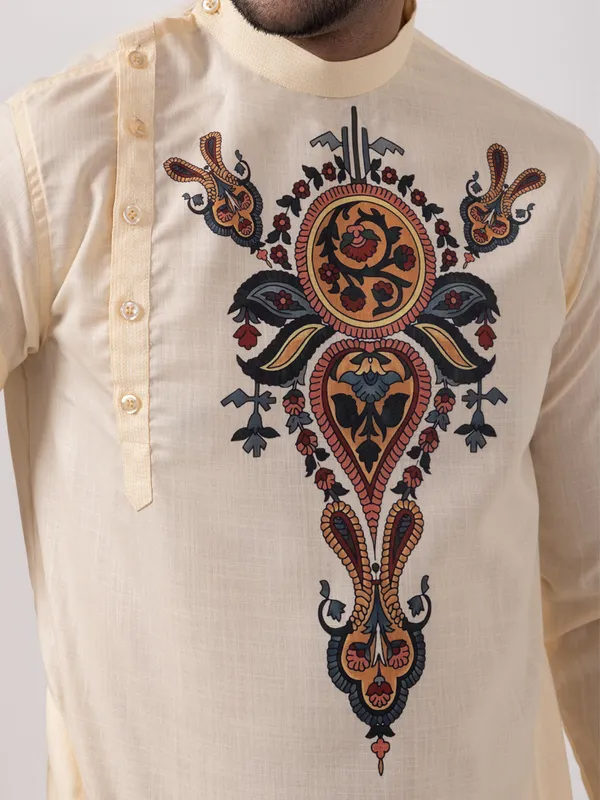 Beige_Side_Placket_Printed_Kurta_With_Pyjama_Set_For_Men
