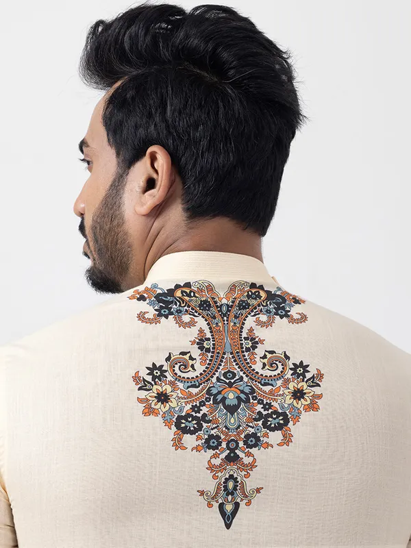 Beige_Side_Placket_Printed_Kurta_White_Pyjama_Set_For_Men