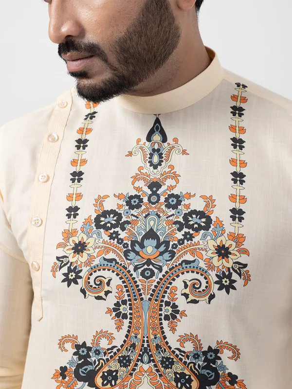 Beige_Side_Placket_Printed_Kurta_White_Pyjama_Set_For_Men