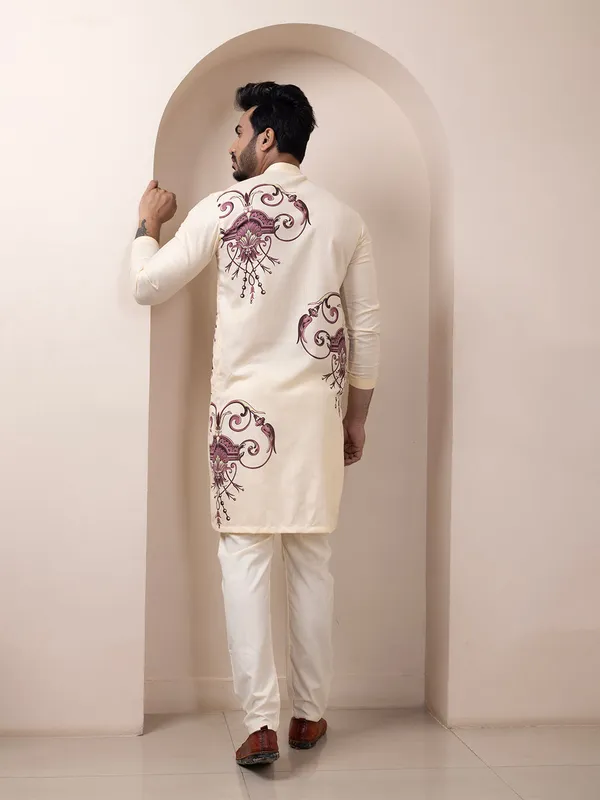 Beige_Side_Placket_Printed_Kurta_With_Pyjama_Set_For_Men