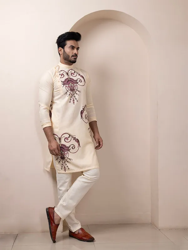 Beige_Side_Placket_Printed_Kurta_With_Pyjama_Set_For_Men