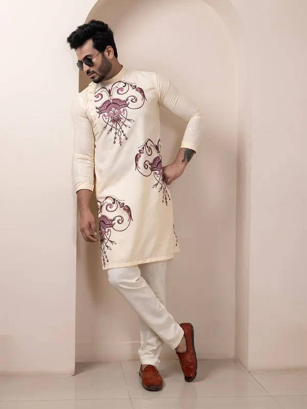Beige_Side_Placket_Printed_Kurta_With_Pyjama_Set_For_Men