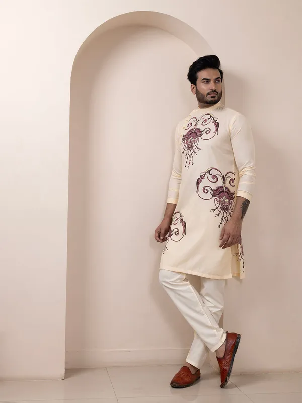 Beige_Side_Placket_Printed_Kurta_With_Pyjama_Set_For_Men
