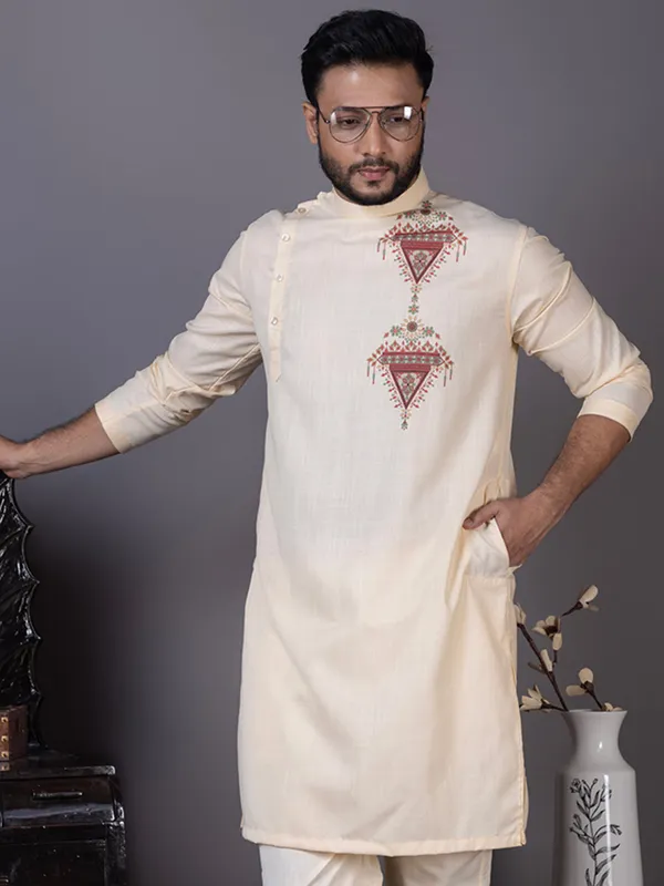 Beige_Side_Placket_Printed_Kurta_With_Pyjama_Set_For_Men