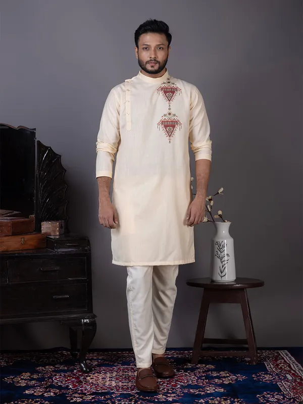 Beige_Side_Placket_Printed_Kurta_With_Pyjama_Set_For_Men
