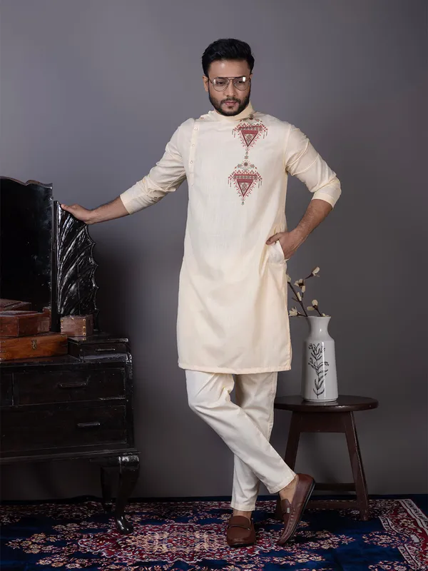 Beige_Side_Placket_Printed_Kurta_With_Pyjama_Set_For_Men