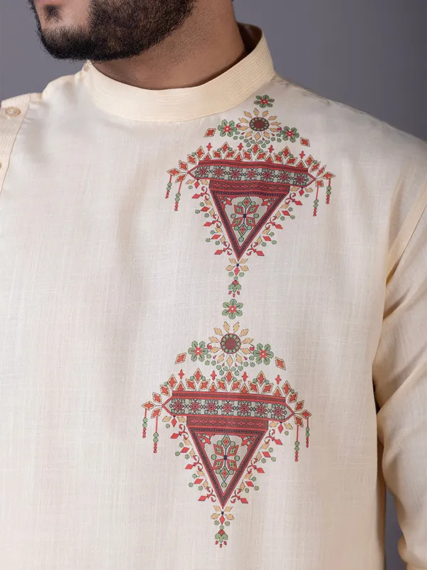 Beige_Side_Placket_Printed_Kurta_With_Pyjama_Set_For_Men