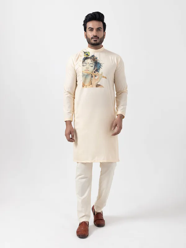 Beige_Side_Placket_Printed_Kurta_With_Pyjama_Set_For_Men