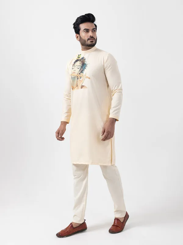 Beige_Side_Placket_Printed_Kurta_With_Pyjama_Set_For_Men